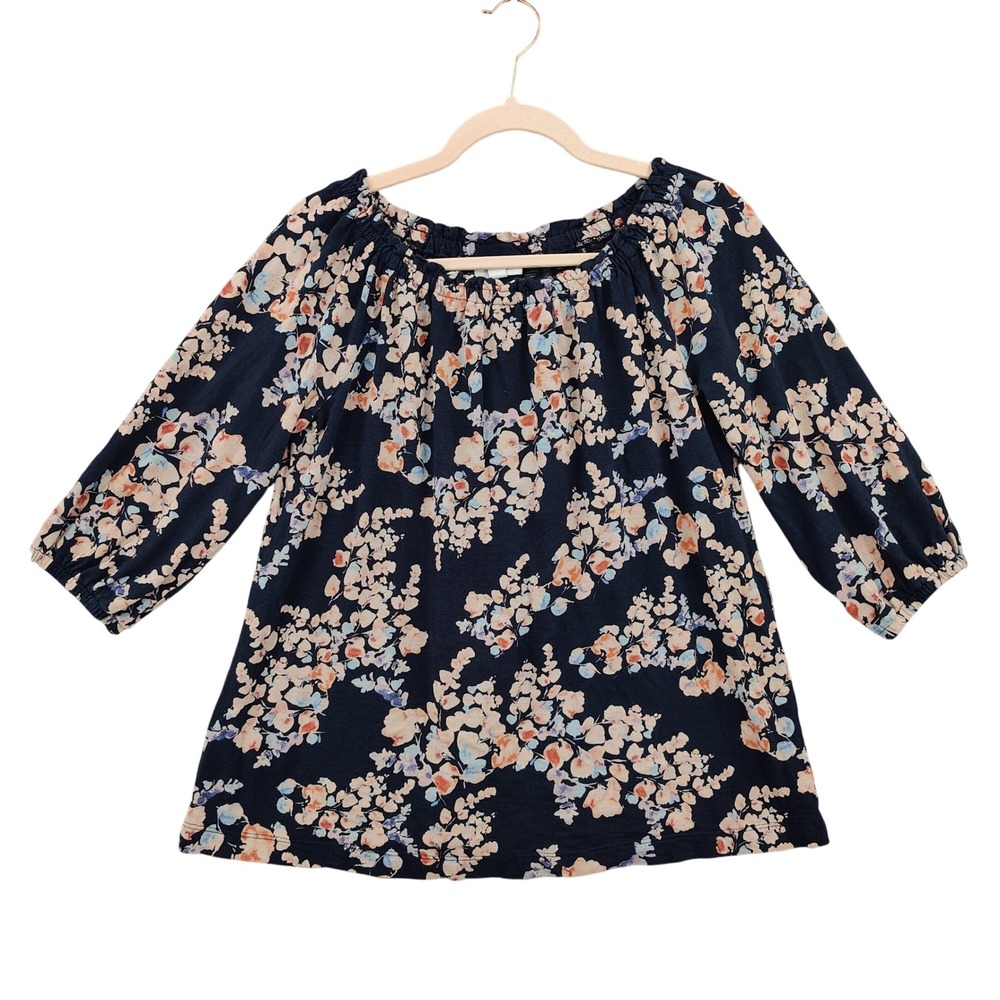 J. Jill Women Boho Cottagecore Floral Blouse S Navy Blue Peasant Top 3/4 Sleeve